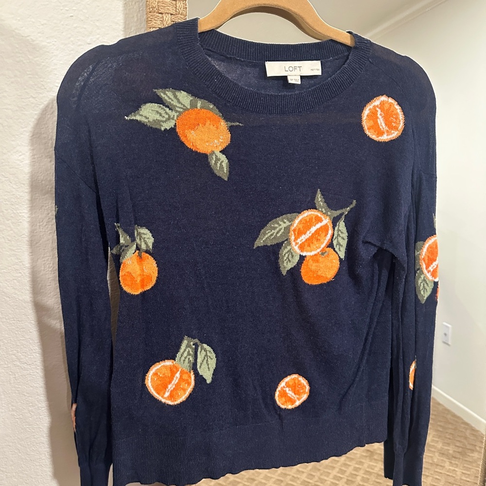 LOFT Dark Blue Sweater with Orange and Green Fruit Pattern
